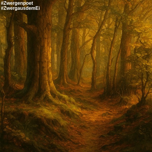 Ein Waldweg führt an einem alten, dicken Baum vorbei.